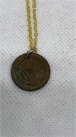 1865 3-cent piece on gold tone chain
