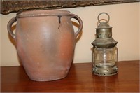 Pottery Handled Crock/Planter (cracked) and a