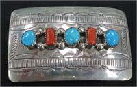 Sterling Silver, Turquoise, Red Coral Belt Buckle