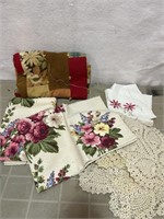 Vintage quilt and assorted Fabrics,  doilies