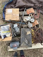 Pallet full of casters, axes bolt cutters, & more
