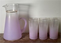 Vintage pink glass pitcher w 6 drinking glasses