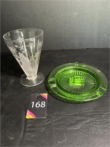 Depression Glass Ashtray & Etched Glass