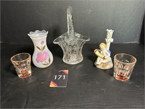 Glass Basket, Vase & Occupied Japan & Shot Glass