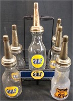 VTG. GULF OIL GLASS OIL JARS W SPOUTS & CARRIER