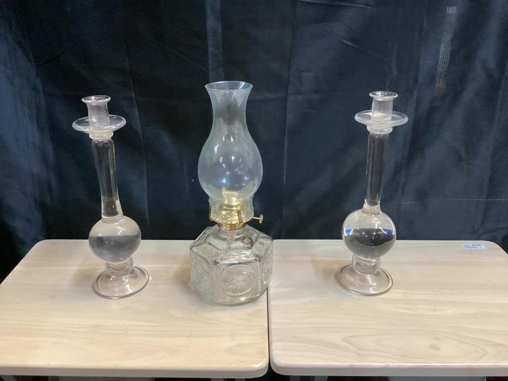Glass Oil Lamp & Pr Crystal Candleholders