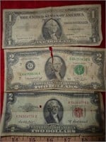 3pc US Notes - $1 Silver Certificate / $2 Bills
