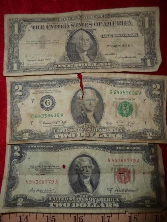 3pc US Notes - $1 Silver Certificate / $2 Bills