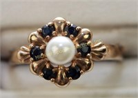 9K GOLD ENGLISH ESTATE PEARL AND SAPPHIRE RING