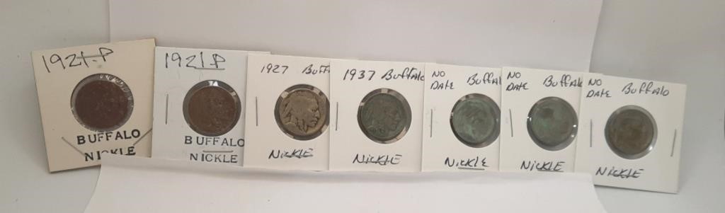7 Buffalo Nickels. 2-1921-P, 1927, 1937, 3-No Date