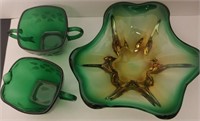Green Glass Shamrock Pattern Cream & Sugar Set &