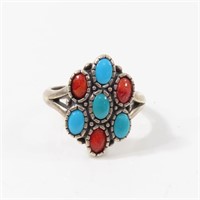 SIGNED WJ STERLING SILVER TURQUOISE CORAL RING 7