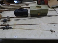 FISHING RODS & REELS & 2 TACKLE BOXES