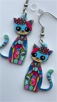 Double sided colorful cat earrings 2.25 inches