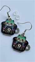 Cat cup earrings, green cat with flowers on cup,