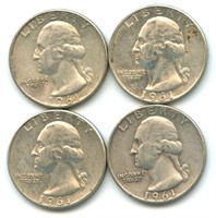 (4) 1961 Washington Silver Quarters