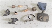 9 Antique pins / pendants, ring with markings: