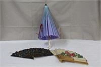 Bamboo umbrella and two hand fans
