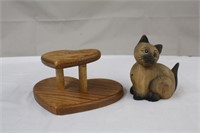 Wood carved cat, 5 X 6"H and wood heart decor,
