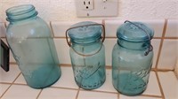 3 Pc Glass Blue Canning Jars, Other