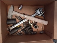 Box of tools hammer fishing reel part and more