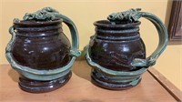 2 large pottery dragon mugs with applied dragon
