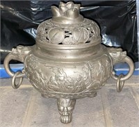 Vtg. Oriental Bronze Incense Burner with Lotus Lid