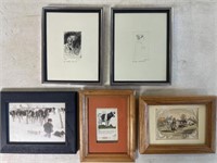 Framed artwork, the two pencil drawings signed by