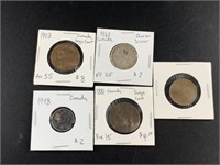 5 Foreign coins: 4 Canadian including silver quart
