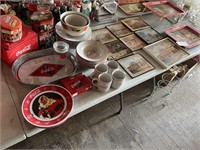 TABLE TOP FULL OF COCA COLA DISHES, TRAYS AND