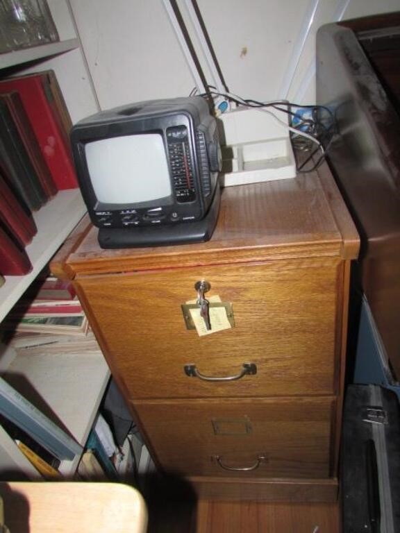 wood file cabinet,lamp,tv & briefcase