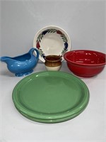 Fiesta plates (2), Red bowl, Blue Gravy boat
