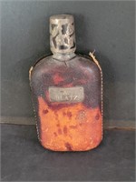 Antique glass, sterling and leather flask 3" x 7