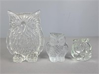 Lot Of 3 Clear Art Glass Owls
