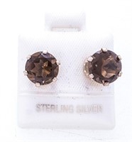 925 Sterling Silver Genuine Smokey Quartz Stud Bac