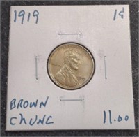 1919 Lincoln Wheat Cent Penny coin marked Brown