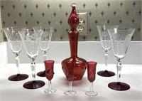 Vntg red glass decanter, desert glasses, wine