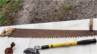 2 man saw, vintage hand drill, loppers