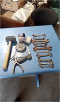 11 OLD WRENCHES RUBBER HAMMER TAPE MEASURE