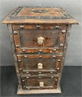 Vtg Wooden Tabletop Chest w/Metal & Tack Trim