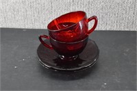 2 Anchor Hocking Royal Ruby Glass Cups & Saucers