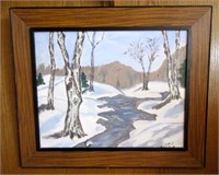 Oil on Board Painting of River in Winter