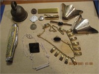 Misc. Lot of Costume Jewelry, Bell, Pocket Knife,