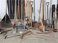 large group of yard tools & holder
