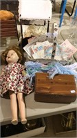 Vintage doll, basket with vintage baby cards,