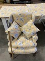 Upholstered yellow with blue flowers wingback