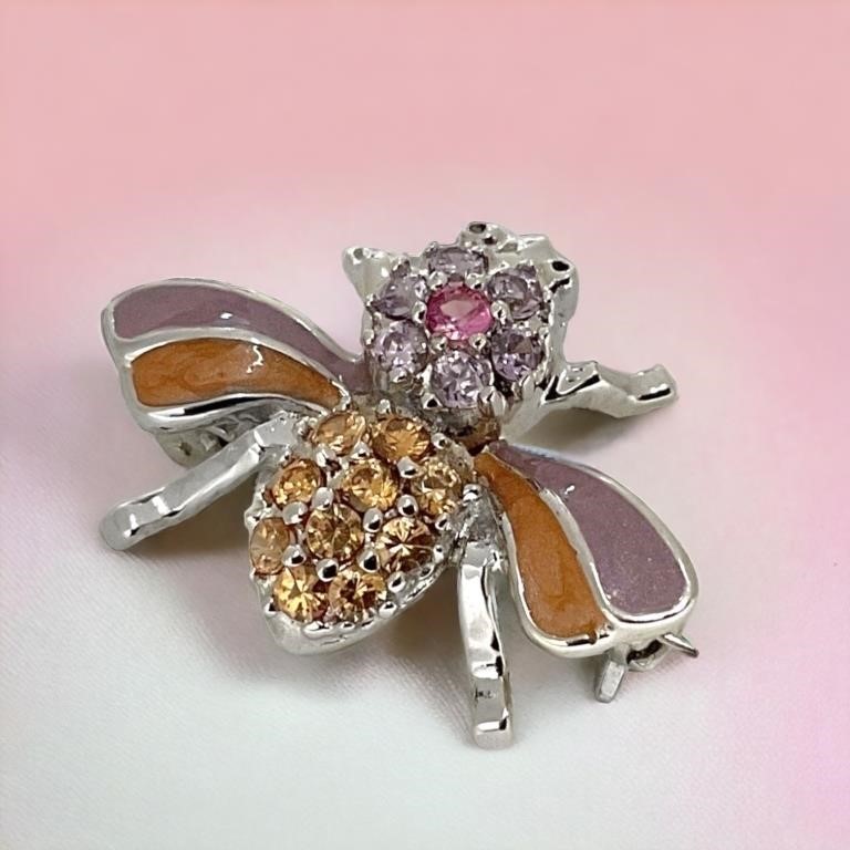 Lovely Sterling Silver Bee Pin with CZ & Enamel