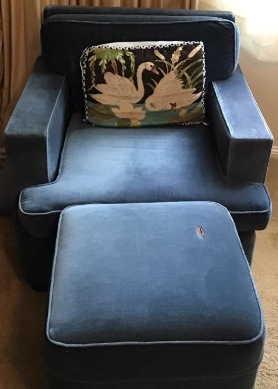 MID CENTURY BLUE CHAIR AND OTTOMON