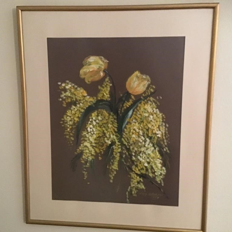 FRAMED BROWN FLORAL WATERCOLOR  1977