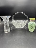 3 PIECES OF GLASS VASE BASKET PAINTED VASE